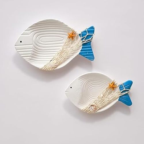 2PC Beach Decor for Home or Ocean Decor Fish Hanging Wall Art Coastal Decor Ocean Bathroom Decor Nautical Wall Decor, Fish Decor for Bathroom, Patio or Pool. White Blue Net Wooden Vintage