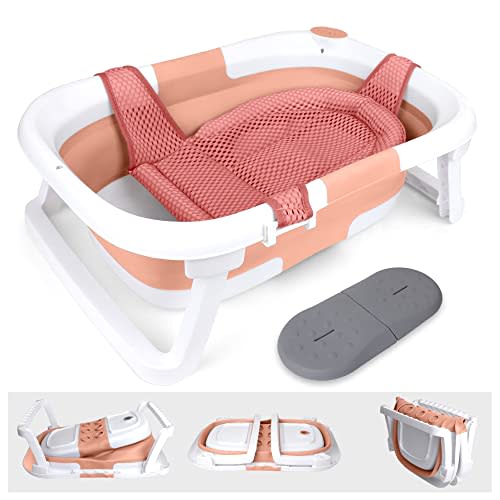 Collapsible Baby Bathtub – Bathtub + Baby tub Cushion + Baby Bath tub Kneeler – Durable Baby Bathtub Newborn to Toddler 0-24 Months – The Ultimate Travel Baby Bathtub and Everyday use! (Pink)