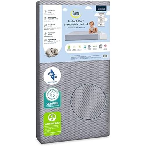 Serta Perfect Start Breathable Limited Two -Stage Crib Mattress and Toddler Mattress - Breathable Cover and Fiber Core, Machine Washable Cover, Waterproof, 7 Year Warranty, Made in USA
