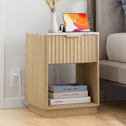 Fluted Nightstand with Charging Station, Side Table with Faux Marble Top, Mid Century Modern Night Stand Bedside Table with Drawer, 18W x 15.7D x 24H, for Bedroom Living Room, Natural Oak