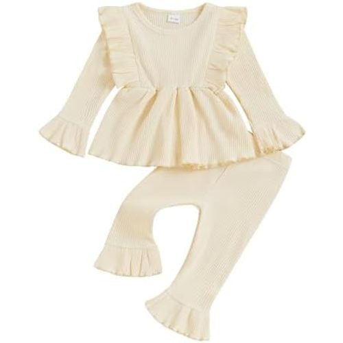 fhutpw Toddler Baby Girl Fall Clothes Solid Color Ribbed Knit Long Sleeve Ruffle Shirts Pants Cute Infant Winter Outfits