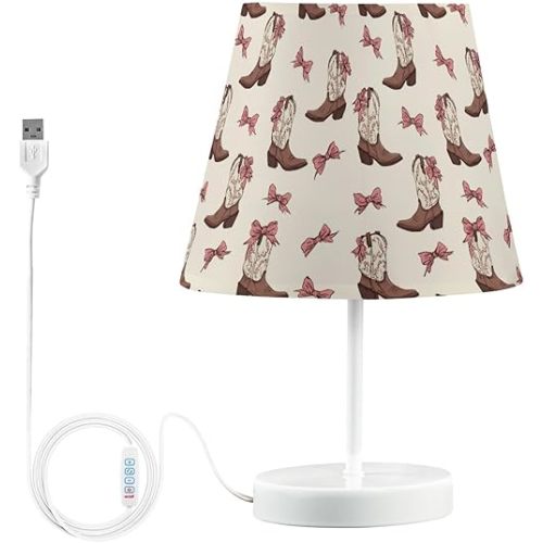 Cowgirl Bows & Boots Table Lamp, LED Dimmable Lamp, USB Ports Metal Base