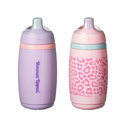 Tommee Tippee Active Spout Toddler Cups, 9 oz, Insulated Sippy Cups For Toddlers 1-3, Silicone Spout, Leak-Proof Valve and Handle, Pink and Purple, Pack of 2