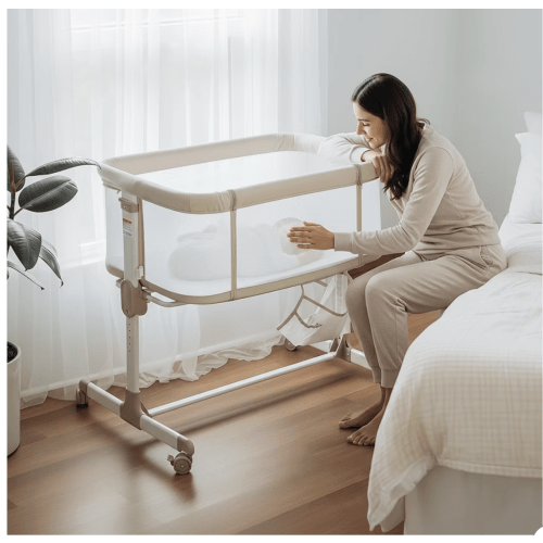 Fodoss All Mesh Bedside Bassinet for Baby, Bedside Sleeper with Wheels, 7-Position Height Adjustable Infant Bassinet, Beige