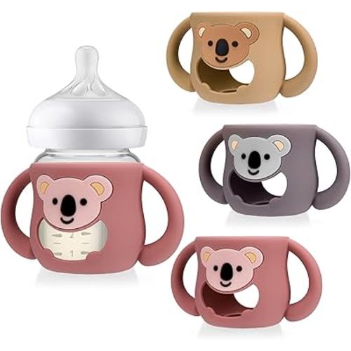 Juome Silicone Sleeves with Handles for Avent Natural Glass Baby Bottle - 3 Pack Koala Shape Anti Breakage Baby Bottles Holder, Compatible with Philips Avent Anti Colic Baby Bottles 4 oz