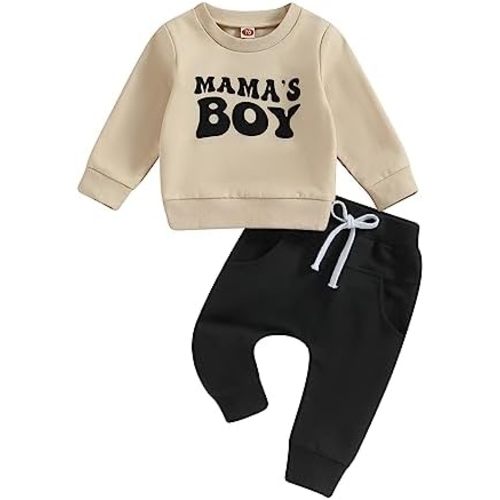 Toddler Baby Boy Clothes Mamas Boy Fall Winter Outfit Long Sleeve Letter Sweatshirt Plaid Jogger Pants Newborn Set