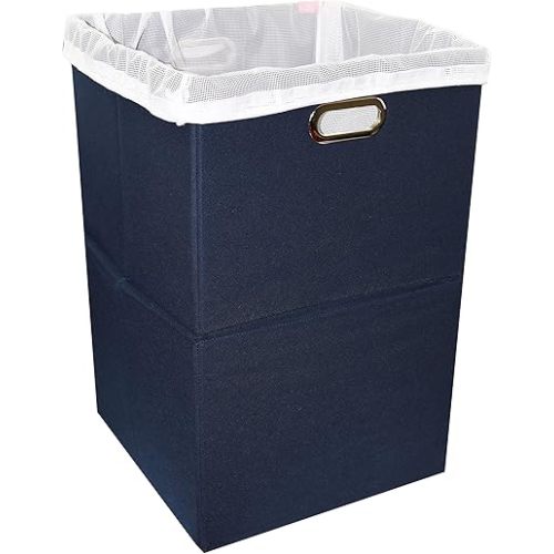 Foldable Large Laundry Hamper With Laundry Bag - Premium Durable Fabric, Plastic Board, Extra-Large Size, Space-Saving & Compact Clothes Basket With Metal Handles (Navy Blue)