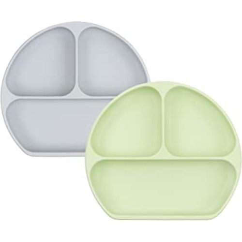 Bumkins Toddler and Baby Suction Plate, Silicone Divided Grip Dish for Babies and Kids, Baby Led Weaning, Children Feeding Supplies, Non Skid Bottom, Platinum Silicone, 6 Months Up, Gray and Sage