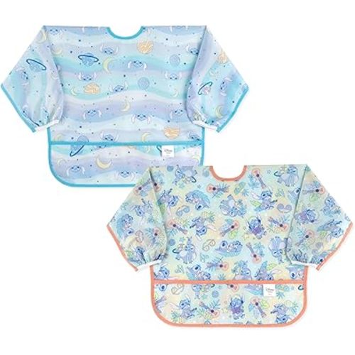 Bumkins Disney Stitch Sleeved Baby Bib – Long Sleeve Waterproof Fabric Feeding Smock with Crumb Catcher Pocket, Adjustable Toddler Apron for Baby Led Weaning, Comfortable for Ages 6–24 Months, 2-pack