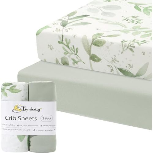 Cotton Fitted Crib Sheets, Sage Green Leaf Print 2 Pack