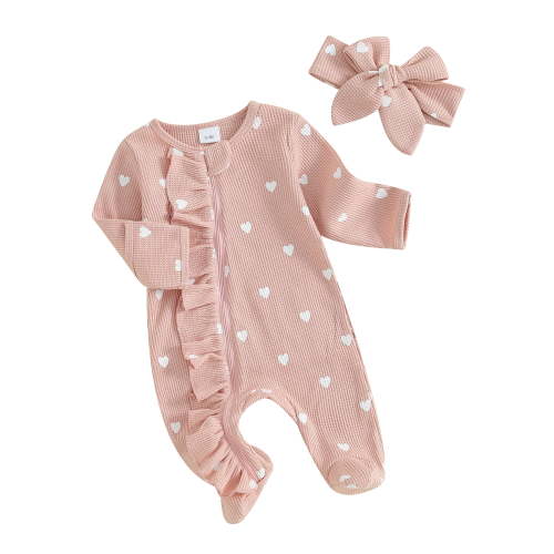 Bagilaanoe Newborn Valentine's Day Outfits Baby Girls One-pieces Heart Print Long Sleeve Jumpsuit + Headband 3M 6M Infant Ruffle Zipper Romper Casual Clothing
