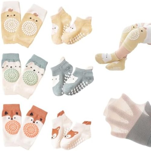 Feidoog Baby Crawling Knee Pads with Anti-Slip Elastic 3 Pairs Knee Pads and 3 Pairs Socks Set,Infant Kneepads for Crawling