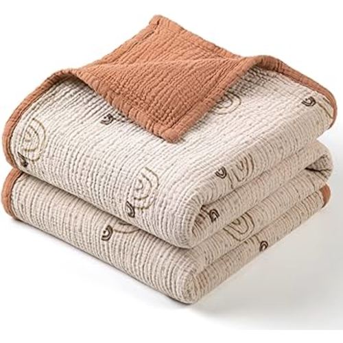 lulumoon Muslin Baby Blanket - Cotton Quilt Blankets for Toddlers - Reversible Nursery Crib Blanket for Baby Boys and Girls 47"x47"(Caramel Rainbow)