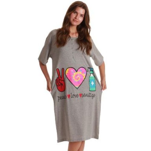 Just Love Short Sleeve Nightgown Sleep Dress for Women Sleepwear (Grey - Peace Love, 2X)