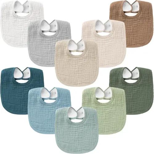 Konssy 10-Pack Muslin Baby Bibs, Soft Cotton Bandana Bibs for Drooling & Teething, Unisex Solid Colors for Boys & Girls, Newborn & Infant