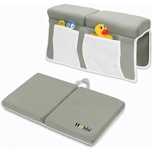 Wobbi Baby Bath Kneeler and Elbow Rest Pad Set - 1.5" Thick Memory Foam Knee Pad for Bathing Babies - 6 Suction Cups Non Slip Bath Kneeling pad with Toy Storage - Foldable & Quick Drying (Green)