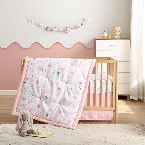 The Hōmistry 3-Piece Crib Bedding Set for Girls - Reversible Quilt, Fitted Sheet, Crib Skirt - Soft, Breathable & Durable Microfiber Baby Crib Bedding Set - Floral Theme