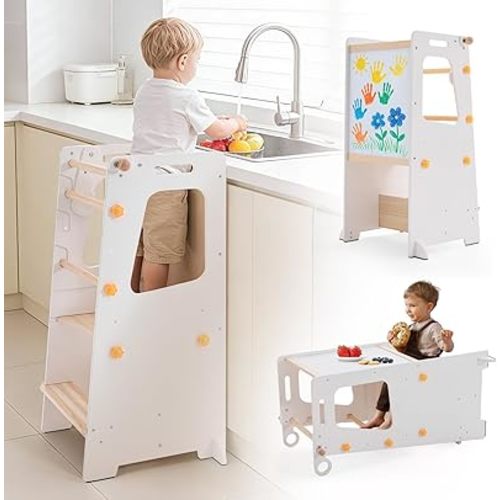 Toddler Standing Tower, 4 in 1 Kitchen Stool Helper with Whiteboard, Kids Step Stool with Convertible Table and Chair, Toddler Helper Tower with Adjustable Height for Counter,Cooking