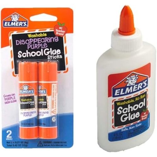 Elmer's bundle Washable Liquid School Glue, White, Dries Clear, 4 fl oz Plus Disappearing Purple Elmer's School Glue Stick, 7g, 2pk