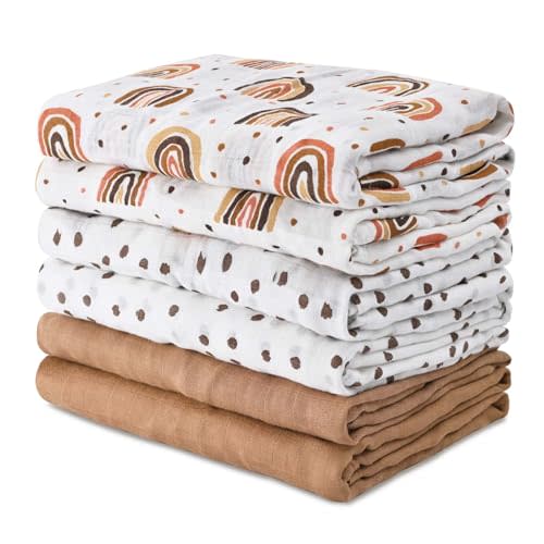 GLLQUEN BABY Receiving Blanket Boy Cotton Muslin Swaddle Blankets Girl Newborn Squares Breathable & Soft Thin Baby Blankets Cloths Double Absorbent Infant Swaddling Wrap - 6 Pack (Rainbow)