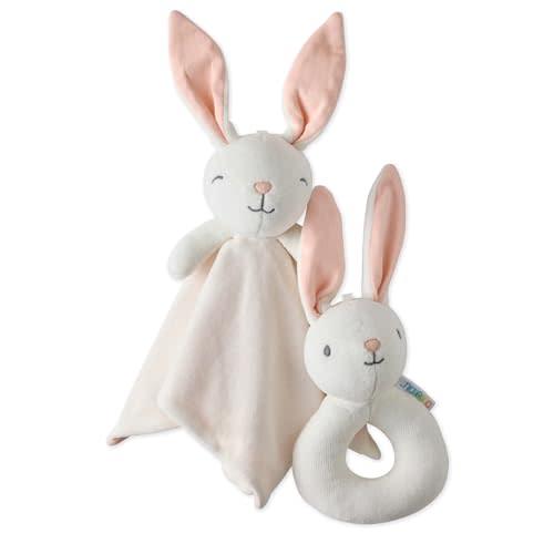 Snuggle + Shake Baby Lovey Blanket & Rattle 100% Organic Cotton | GOTS Certified Organic Cotton for Baby Girls, Boys, Unisex, Bear, Dino, Elephant Stuffy for Newborns, Toddlers, One Size