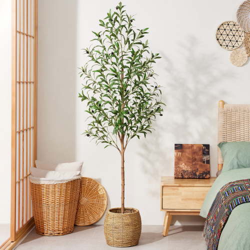 DR.Planzen Artificial Olive Tree 6 ft Tall Faux Floor Plant in Black Pot - Realistic Greenery with Adjustable Branches and Fruits - Indoor Home Office Decor for Living Room Apartment Workspace