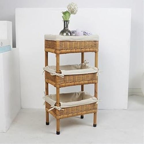 Rattan Shelving Unit, 3-Tier Rattan Organizer, Handmade Woven Storage Rack, Boho Farmhouse Storage Racks, for Living Room, Bedroom, Kitchen(with Lining,Small)