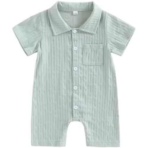 Merqwadd Baby Boy Romper with Collar Summer Button Down Cotton Jumpsuit Newborn One Piece Outfit
