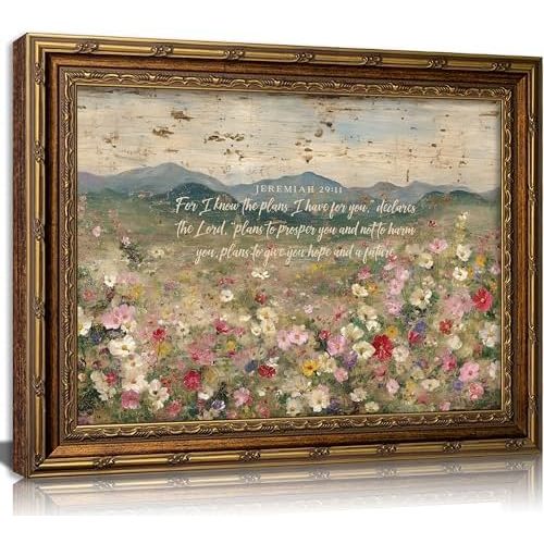 Vintage Gold Framed Christian Floral Scripture Wall Art,Retro Bible Verse Wildflower Landscape Canvas Painting Picture Wall Decor,Jeremiah Religious Faith Poster Print Artwork,for Living Room,