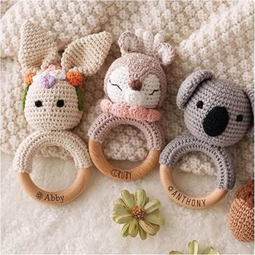 Customized Baby Rattle 0-3 Month w/Name, BUGMKCS Handmade Wooden Rattle