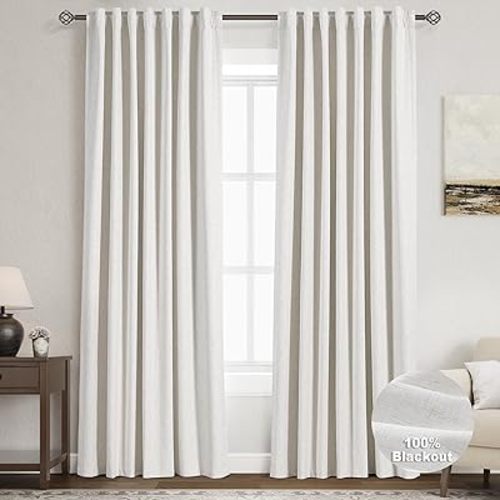 Nanspring 100% Blackout Linen Curtains 84 Inch Length 2 Panels Set for Bedroom Cream Ivory Black Out Curtain for Living Room Back Tab Neutral Boho Modern Farmhouse Decor Natural Luxury Drapes 52x84