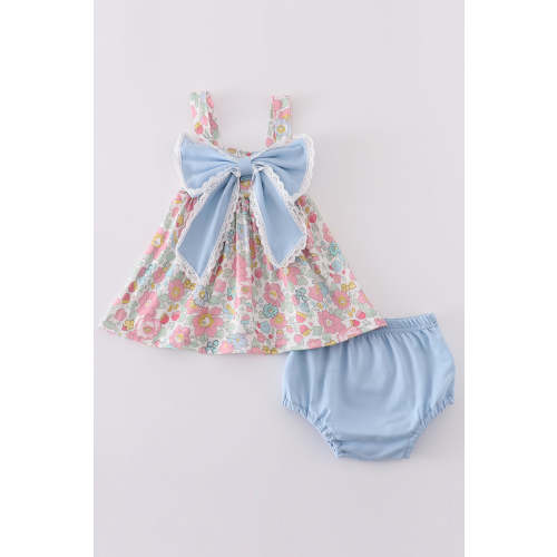 Blue Floral Print Bow Front Bloomer Set