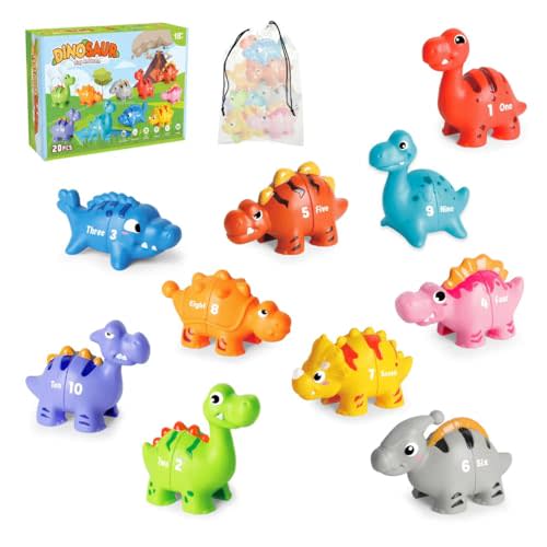 20 PCS Dinosaur Number Learning Toys for Toddlers Kids 3-5, 10 Different Dinosaur Figures, Double Sided Number Matching Game, Preschool Activities Montessori Fine Motor Toys for Toddlers Kids