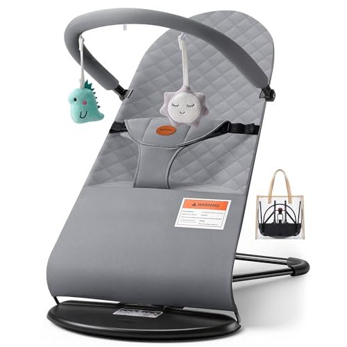 Baby Bouncer, Portable Baby Bouncer Seat, 3-Position Recline Infant Bouncy Seat for Babies 0-18 Months, Ergonomic Bouncy Chair with Hanging Toys, Bio-Inspired Fabric, Rocker & Stationary Modes Grey