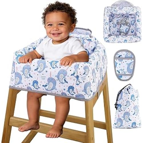 High Chair Cover Portable with 3-Point Harness, Waterproof Baby Seat Cover for Restaurant Travel Home Use, Machine Washable, Fits Wooden Chairs (Blue Whale)