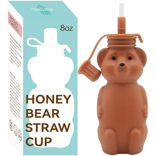 Honey Bear Straw Cup, Food Grade Silicone, Babies Water Drinking Cup, 8-Ounce Therapy Sippy Bottles for Speech and Feeding Training, BPA Free & Dishwasher Safe (Brown)