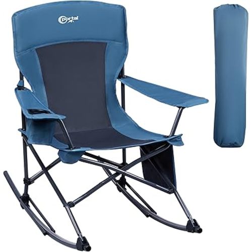 Portal Folding Camping Rocking Chair Portable Outdoor Rocker High Back Cup Holder Side Pocket Carry Bag Included, Support 300 lbs