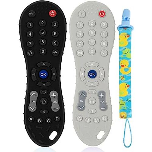 Teething Toys for Babies 6-12 Months-2 Pack Silicone TV Remote Control Shape Baby Hand Teethers for 12 to 18 Months -Infant Chew Toys with Anti-Drop Pacifier Clip-Safety Tested (Black & Grey)