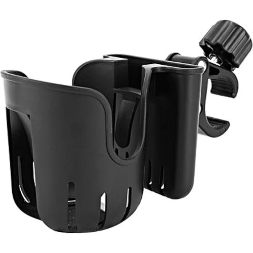 Stroller Cup Holder with Phone Holder, 2-in-1 Universal Cup Holder for Walker, Wheelchair, Bike, Scooter, Fits Most Cup, Black