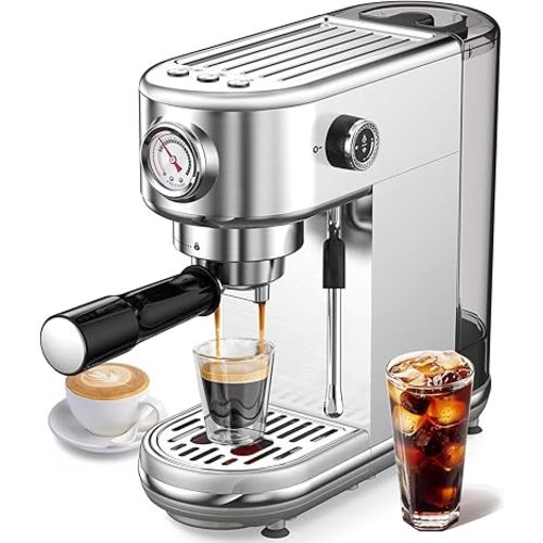 Espresso Machine with Milk Frother, 20 Bar High Pressure Professional Espresso Maker Automatic, Compact Stainless Steel Coffee Machine for Cappuccino, Latte, Gift for Coffee Lover, Dad or Mom, Silver