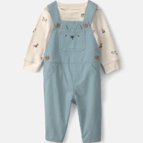 Baby Boy 2-Piece Wolf Long-Sleeve Overall Set - Blue/Cream | Carter’s Oshkosh Canada