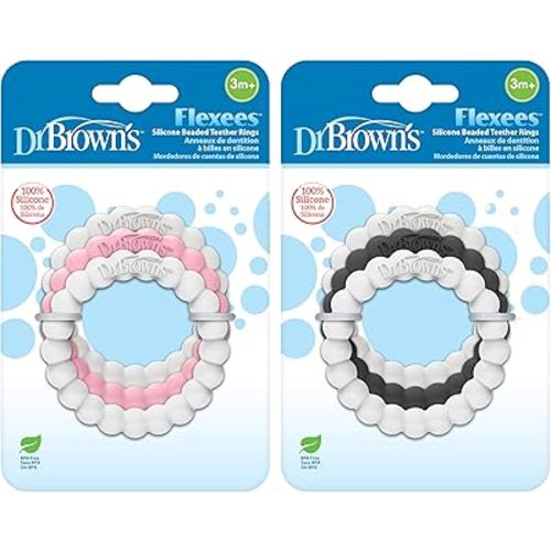 Dr. Brown's Flexees Beaded Baby Teether Rings,Soft 100% Silicone,6 Pack,Black,White,Gray,Pink,BPA Free,3m+