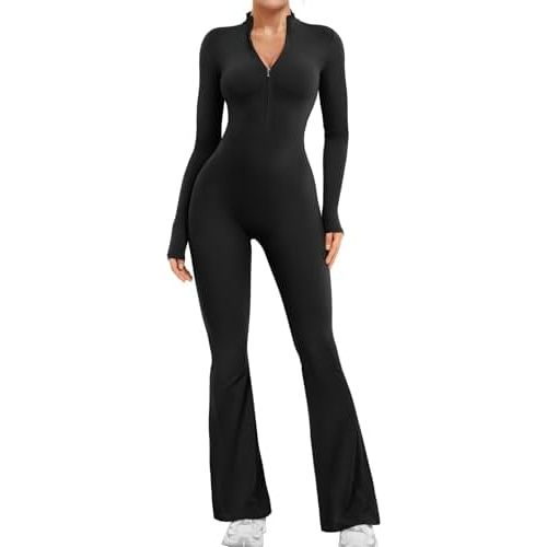 YEOREO Women Long Sleeve Flare Workout Jumpsuit Zip Up Romper Bottom Pants Wide Leg Bodysuit Bodycon One Piece