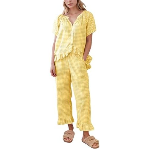 Flygo Womens Plaid 2 Piece Pajamas Sets Gingham Button Down Puff Sleeve Babydoll Shirt Ruffle Pants Y2K Pjs Lounge Set