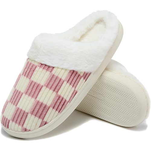 Women House Fuzzy Slippers - Plaid Scuff Checkered Slip-on Memory Foam Indoor Outdoor Comfortable Soft Slides