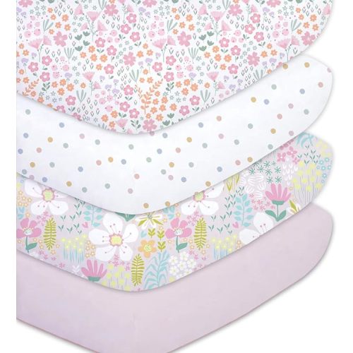 Little Grape Land Crib Sheets Baby Toddler Sheets 4 Pack Fitted for Boys Girls, Standard Size 28x52‘’ Crib Mattress, Super Soft Breathable Washable Microfiber (Floral/Blossom/Dots/Blush Pink)