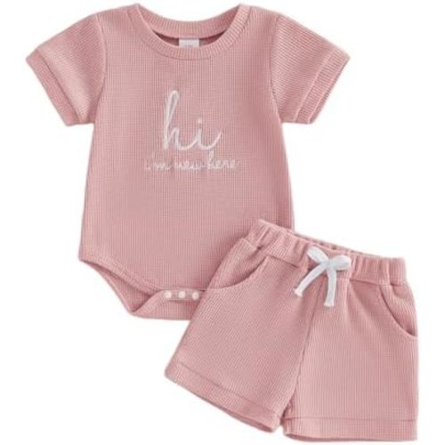 Douhoow Newnorn Baby Summer Clothes Infant Girls Boys Short Sleeve Letter Embroidery Baby Waffle Romper Shorts Set