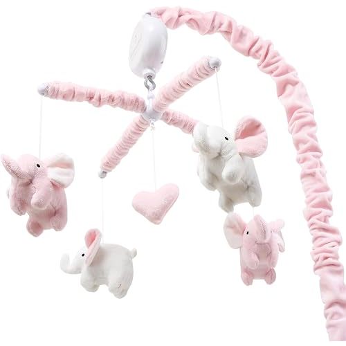 The Peanutshell Crib Mobile for Girls - Soft Pink Musical Baby Crib Mobile with 12 Lullabies, Cute Elephant Baby Pink Elephant Nursery Decor