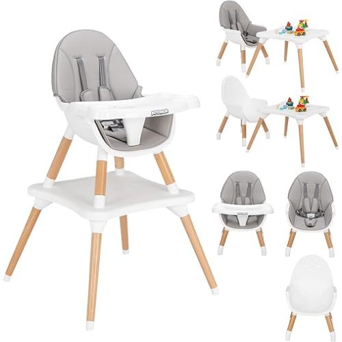JOYMOR 5-in-1 Convertible Baby High Chair for Babies and Toddlers, Table and Chair Set, Wooden Infant Eating Highchair with Leather Seat Cushion, 4-Position Removeable & Adjustable Tray