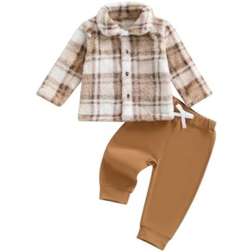 Giraropa Toddler Baby Boy Clothes Plaid Button Sweater Sweatsuit 2Pcs Sweatshirt Pants Set Cute Infant Fall Winter Clothes